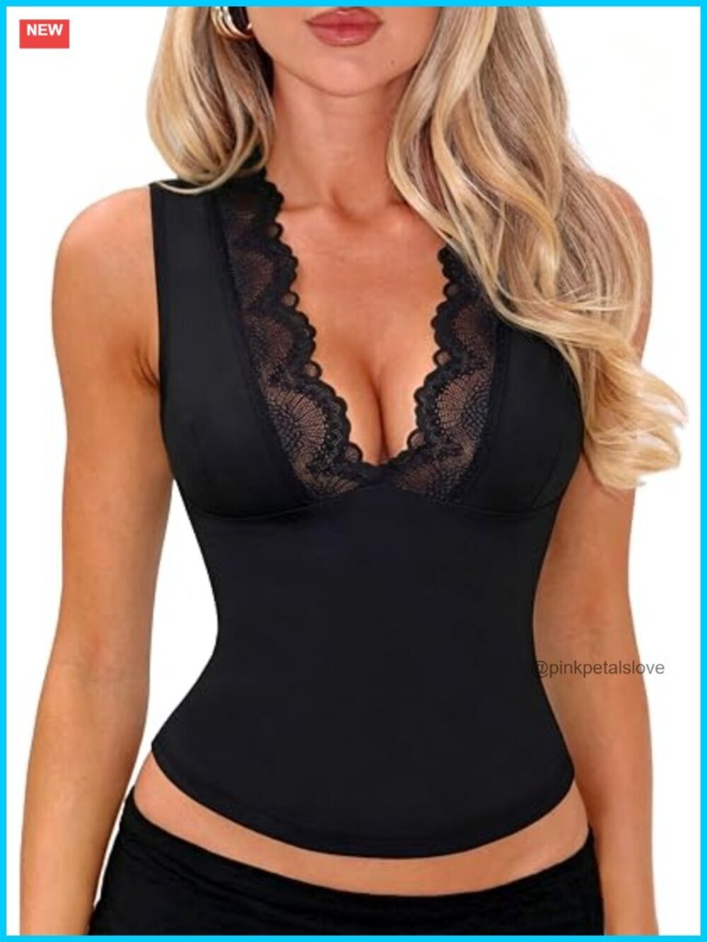 Lace Trim V Neck Sleeveless Crop Tank Top Double Lined Fitted Camisole Going Out
